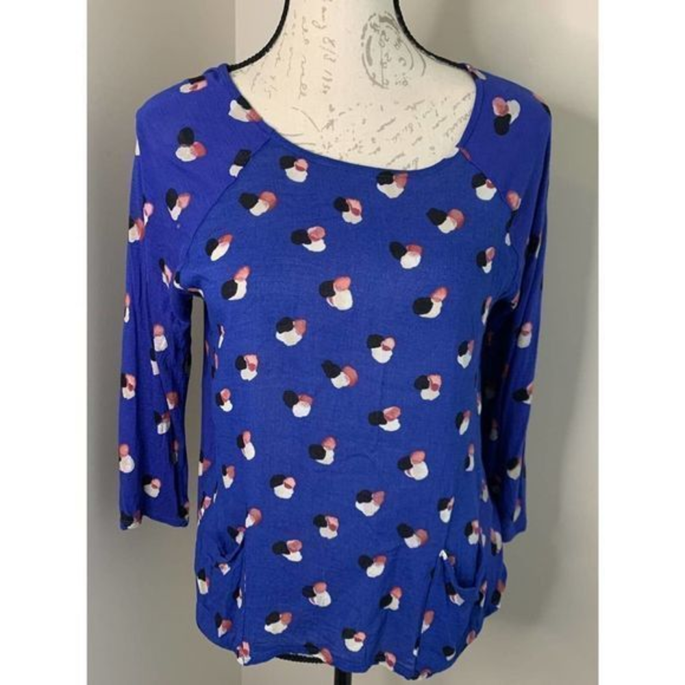Lucky‎ Brand Womens Print Top Medium Blue Geometric 3/4 Sleeves Vicose Stretch